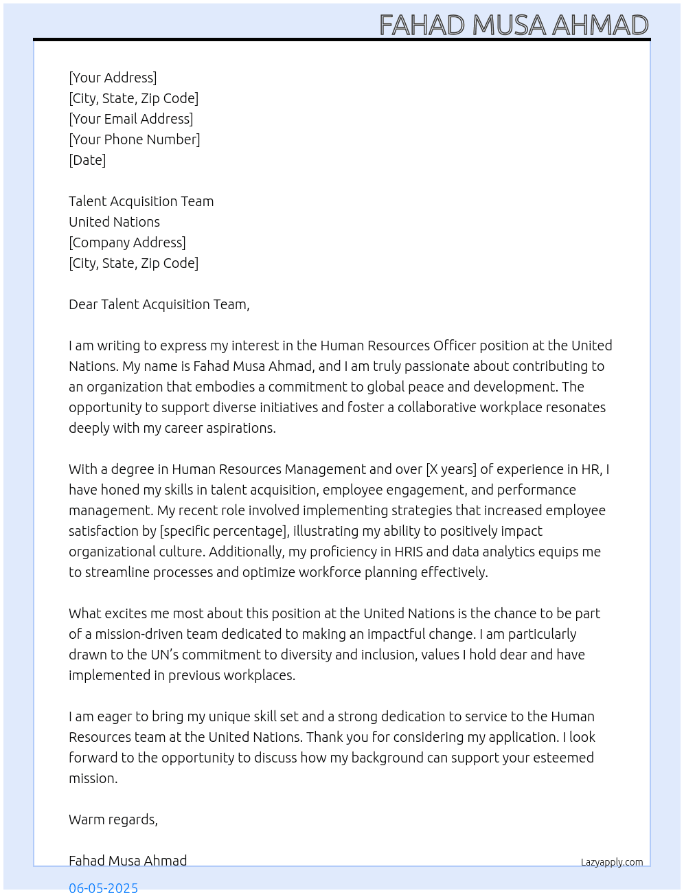 Human Resources Officer  At United Nations  Cover Letter