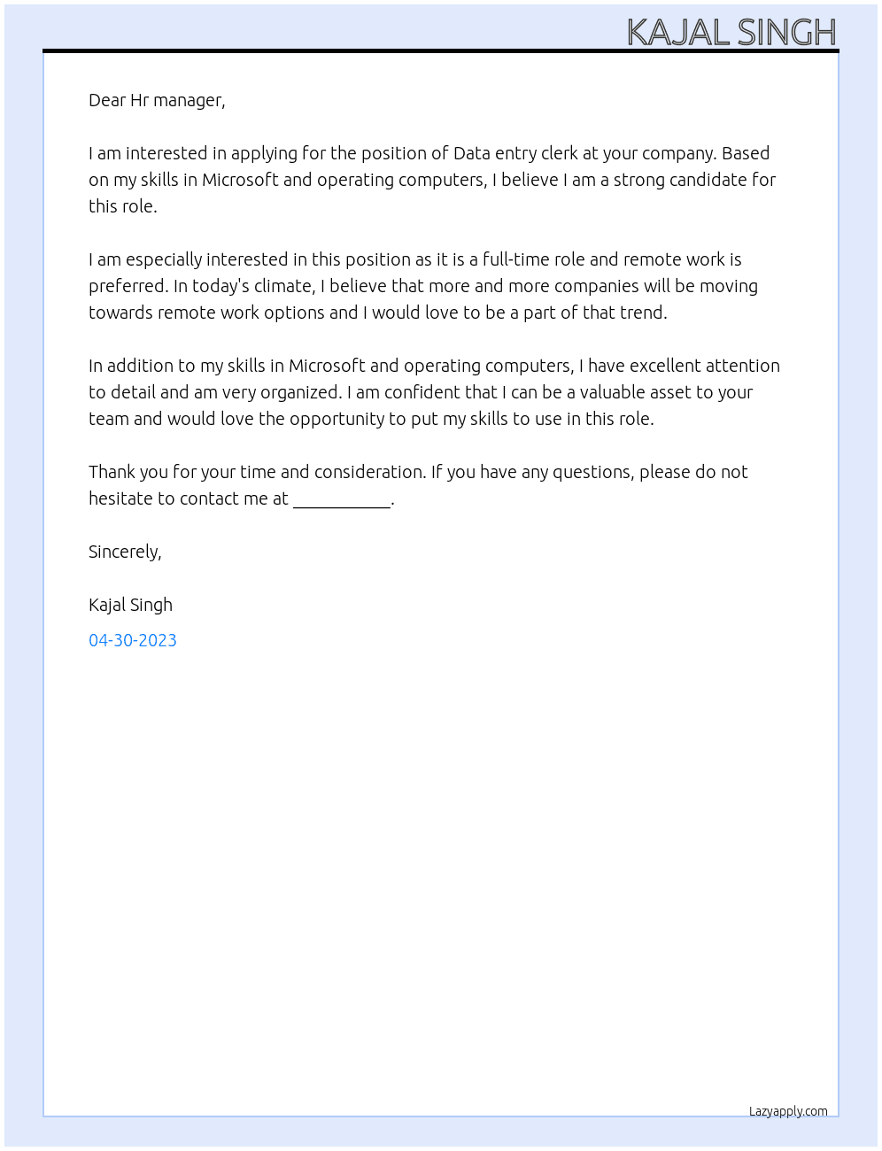 Data entry At Data entry clerk Cover Letter