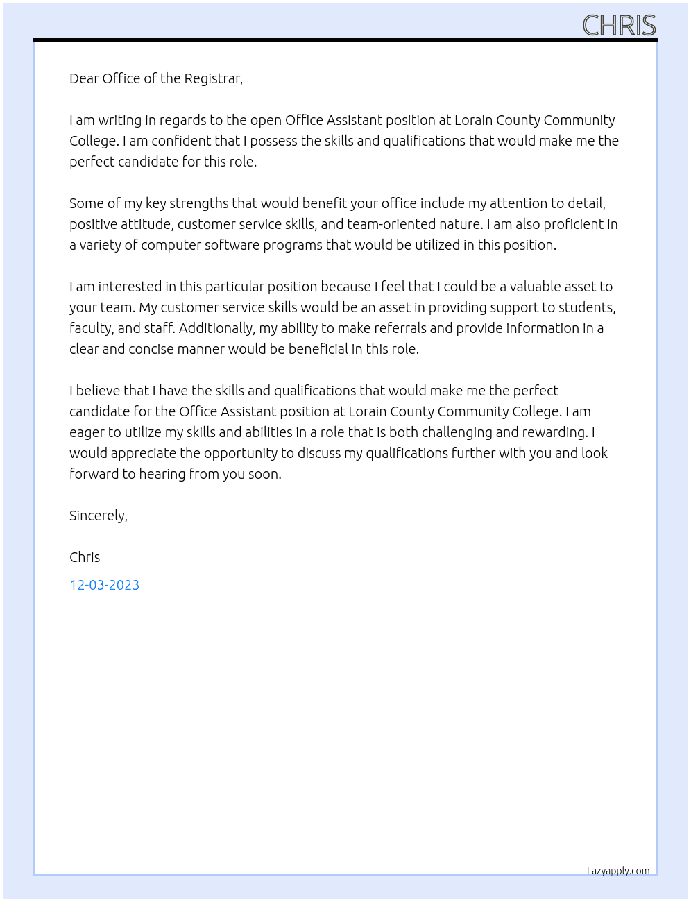 office assistant  At Lorain County Community College Cover Letter