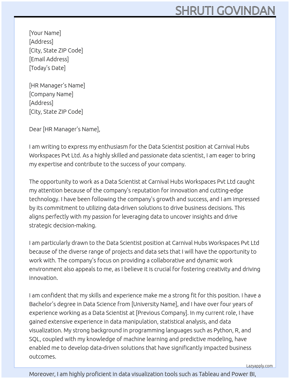 Data Scientist At Carnival Hubs Workspaces Pvt Ltd. Cover Letter