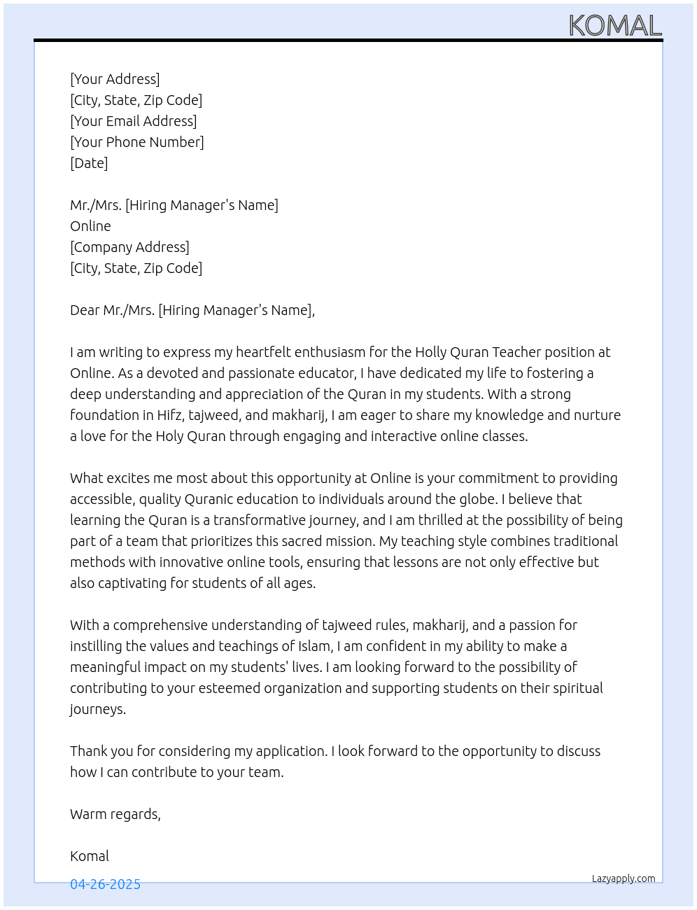 Holly quran teacher At Online Cover Letter