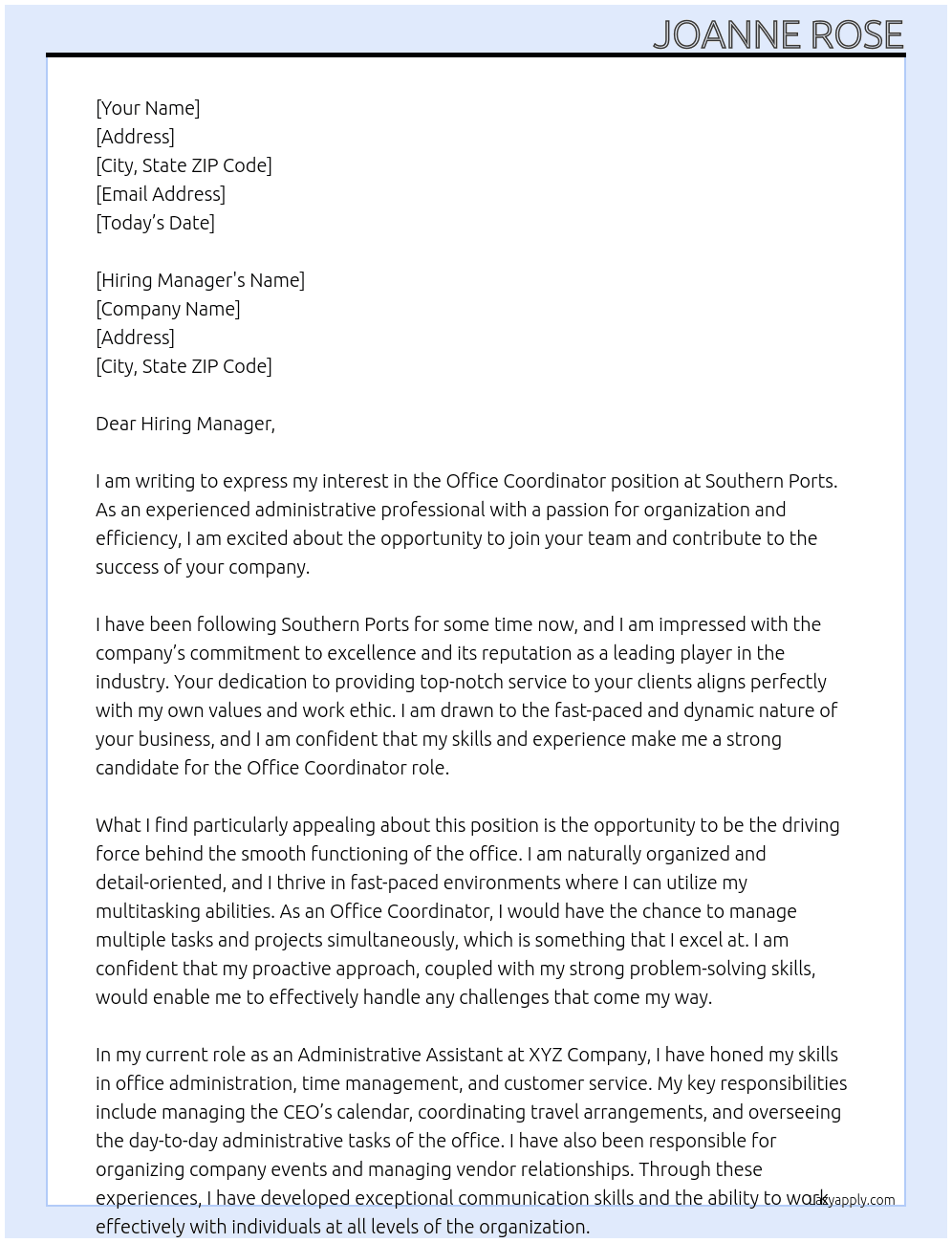 Office coordinator At Southern Ports Cover Letter