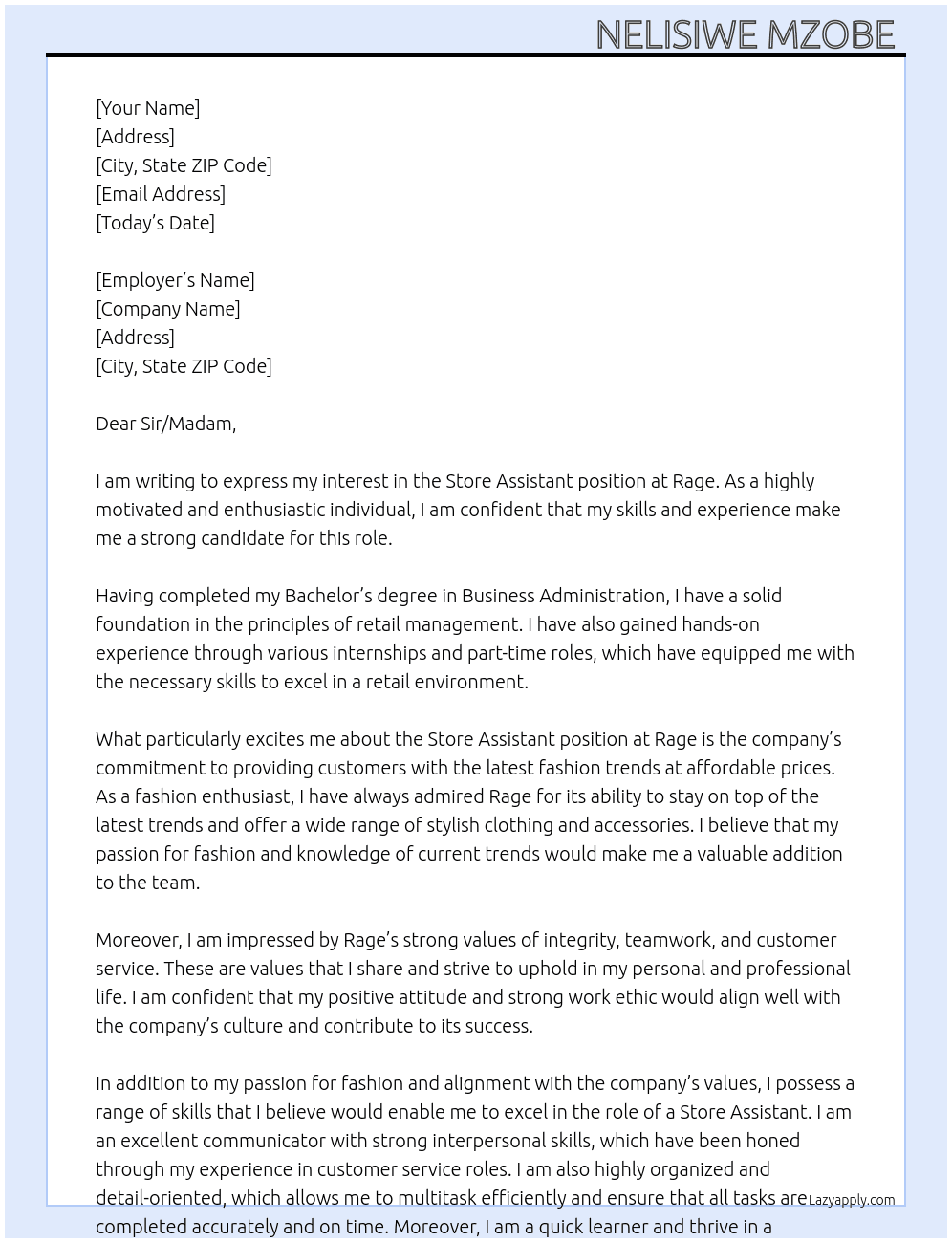 Store assistant  At Rage Cover Letter