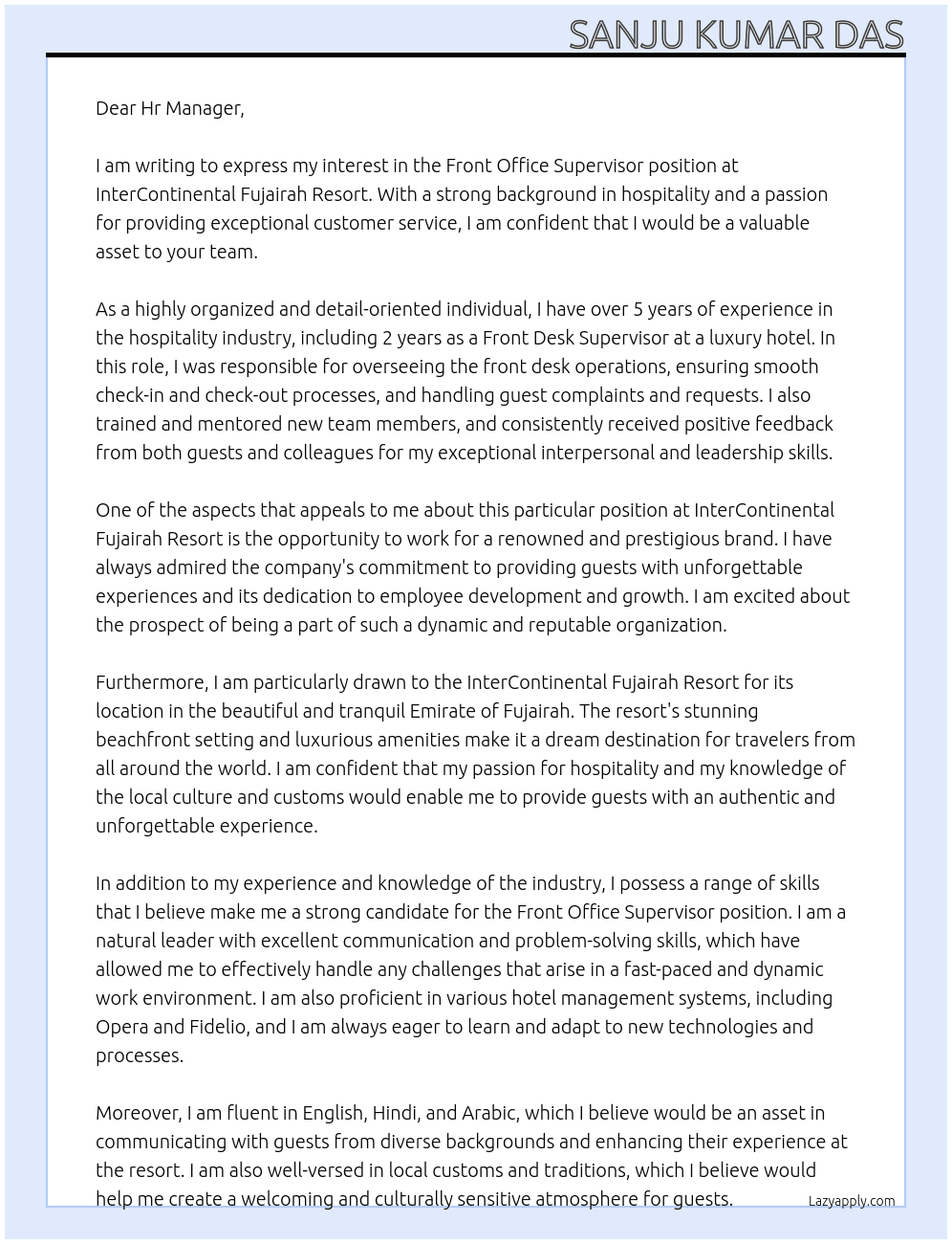 Front Office Supervisor At InterContinental Fujairah Resort Cover Letter