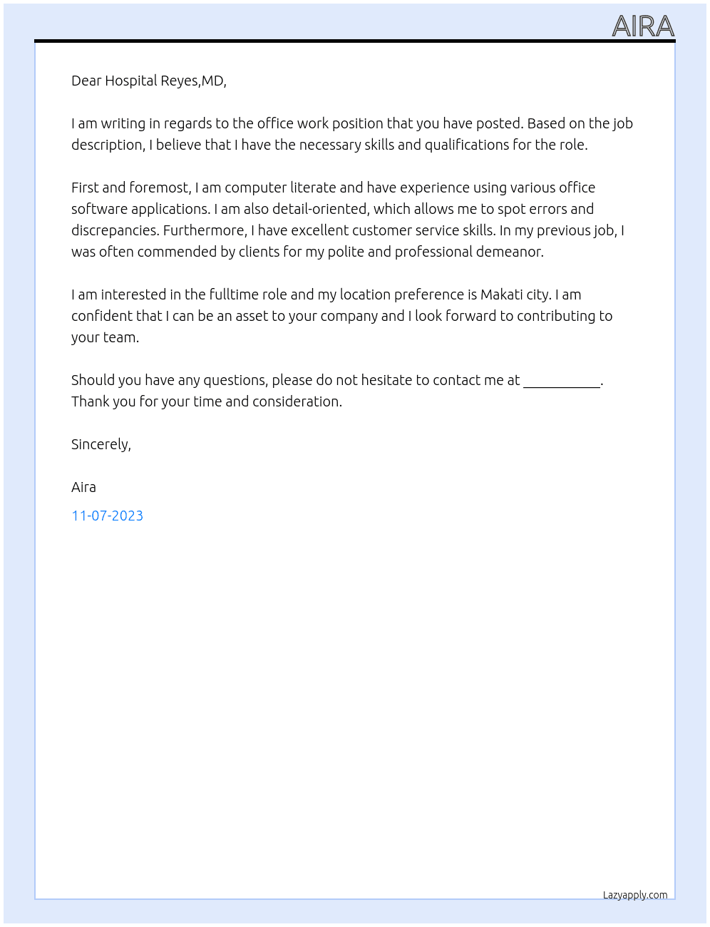 office work At Hospital Cover Letter