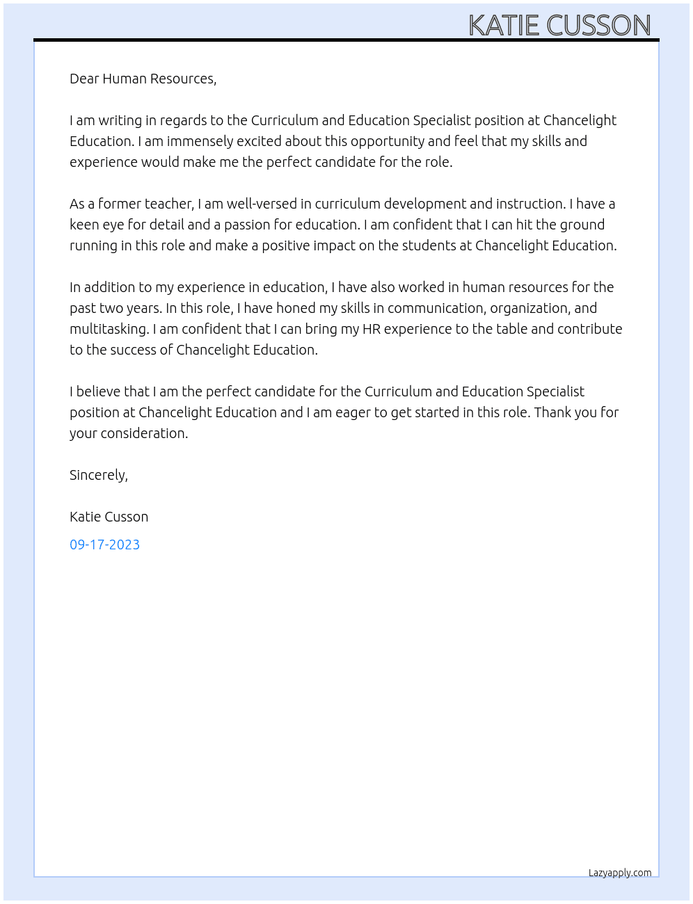 Curriculum and Education Specialist At chancelight education Cover Letter