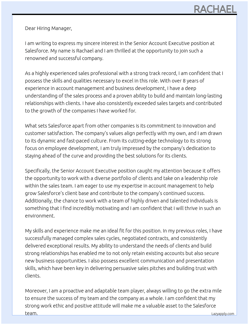 senior account executive  At Salesforce Cover Letter