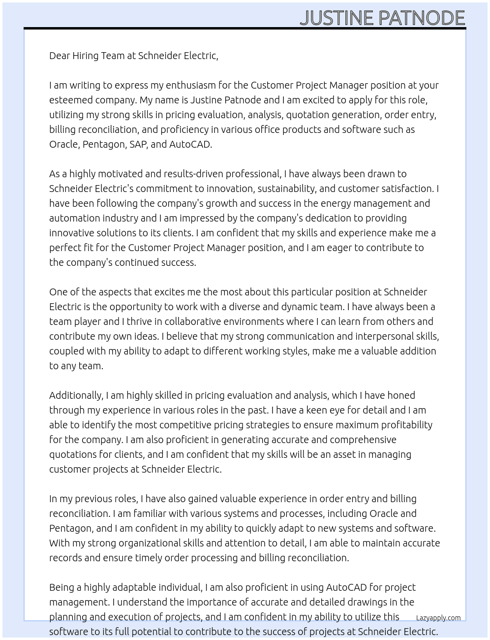 Customer Project Manager At Schneider Electric Cover Letter