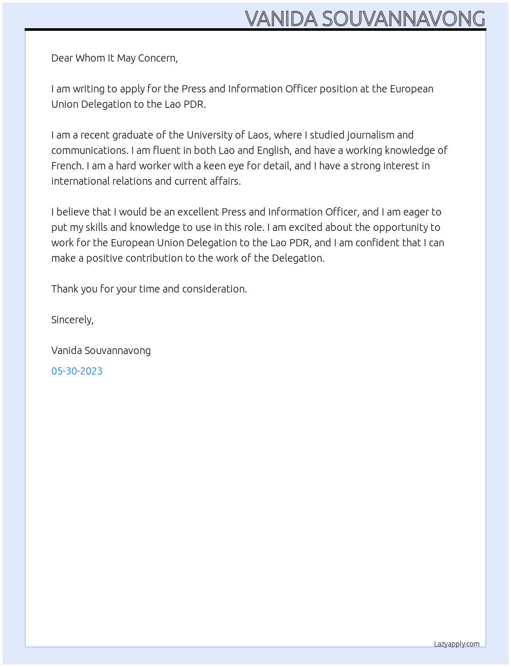Press and Information Officer At European Union Delegation to the Lao PDR Cover Letter