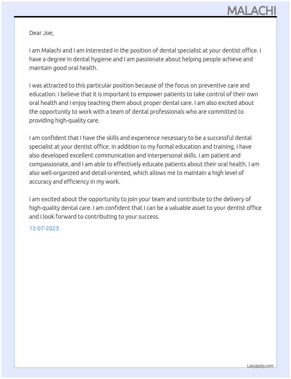dental specialist  At dentist office  Cover Letter