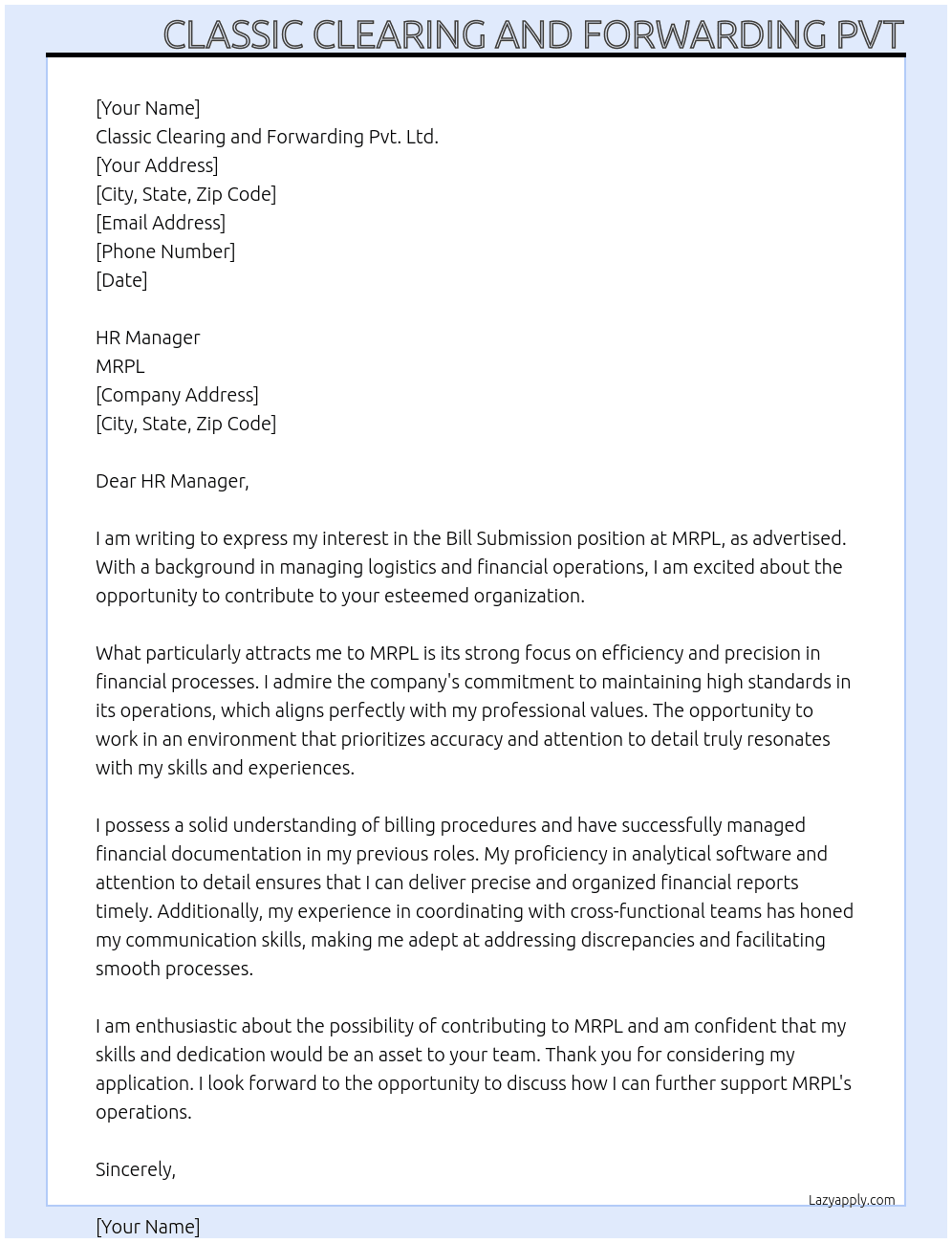 bill submission At MRPL Cover Letter