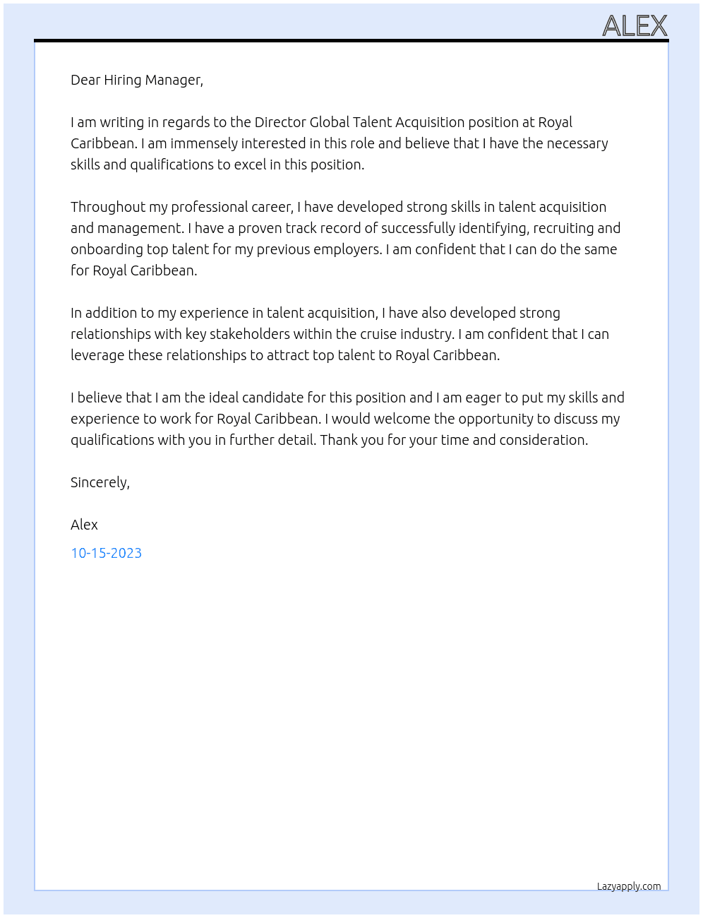 Director global talent acquisition  At Royal Caribbean Cover Letter