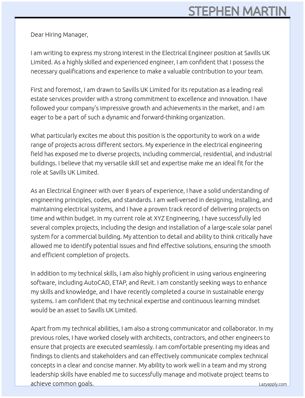 Electrical Engineer At Savills UK Limited Cover Letter