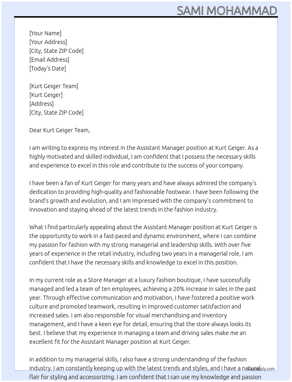 Assistant Manager At Kurt Geiger Cover Letter