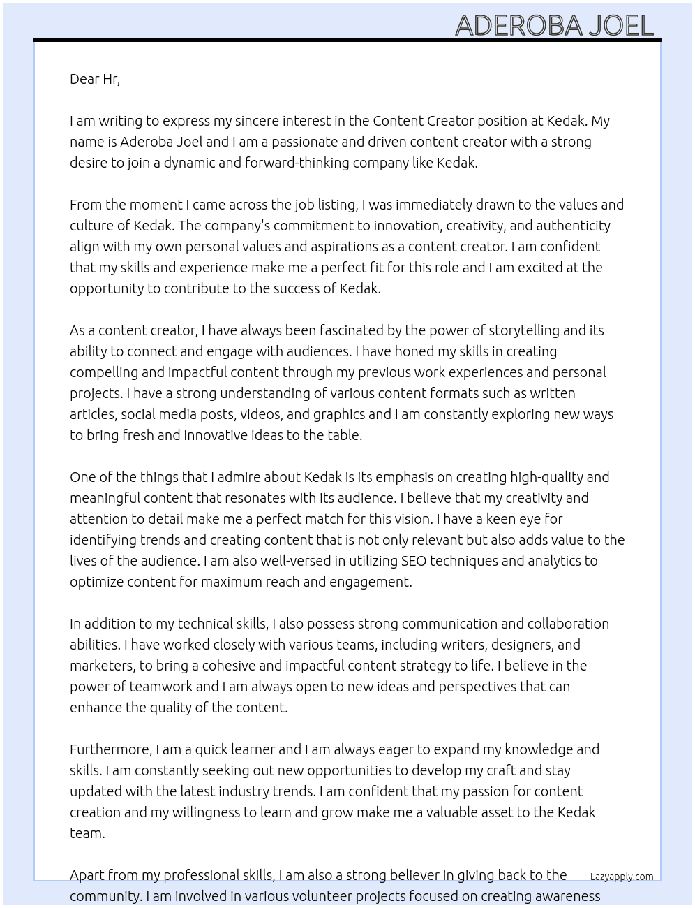 Content creator  At Kedak Cover Letter