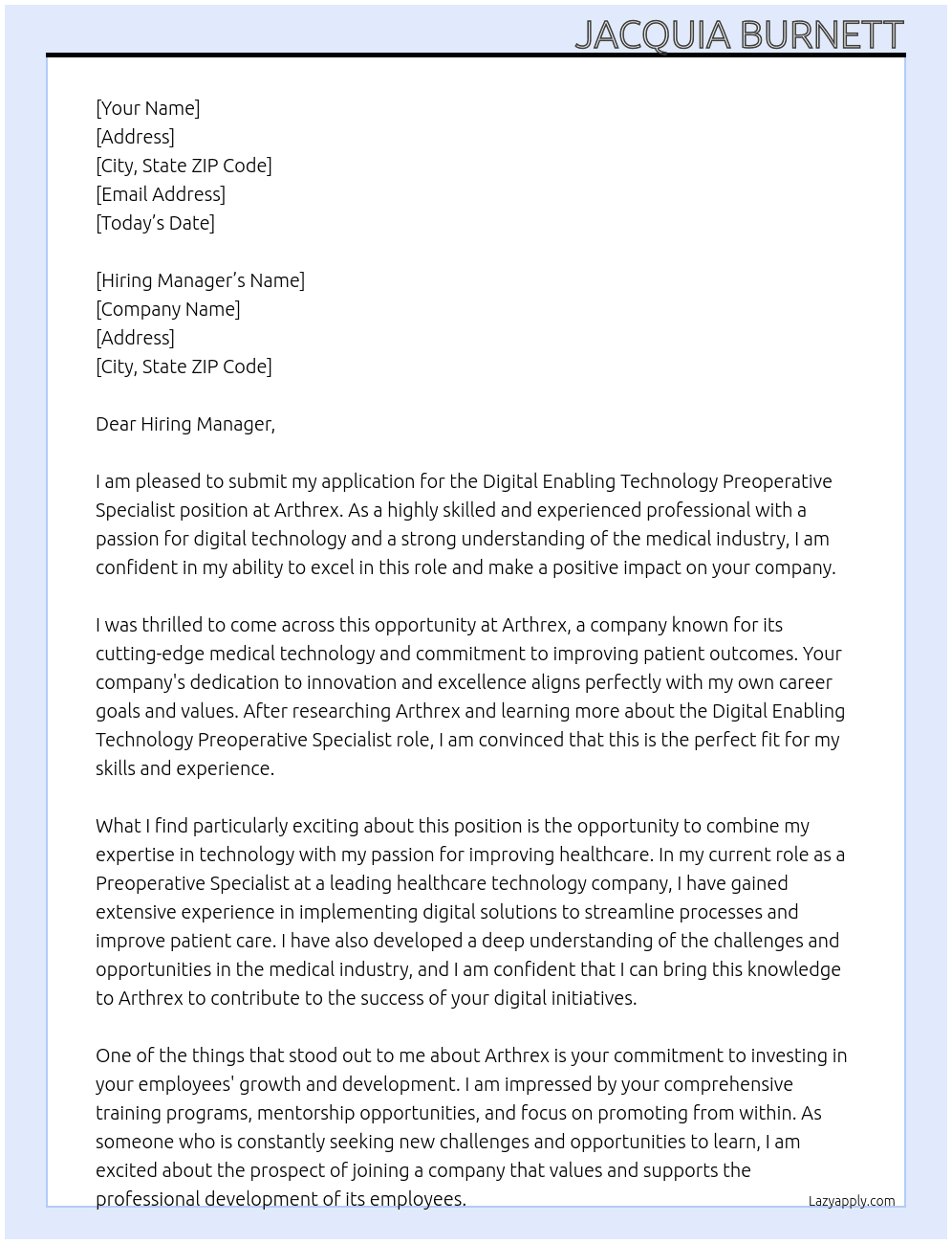 Digital Enabling Technology Preoperative Specialist  At Arthrex Cover Letter