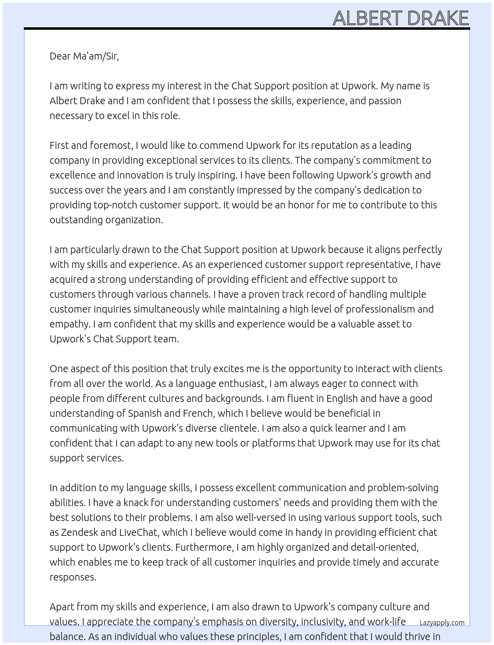 Chat support At Upwork Cover Letter