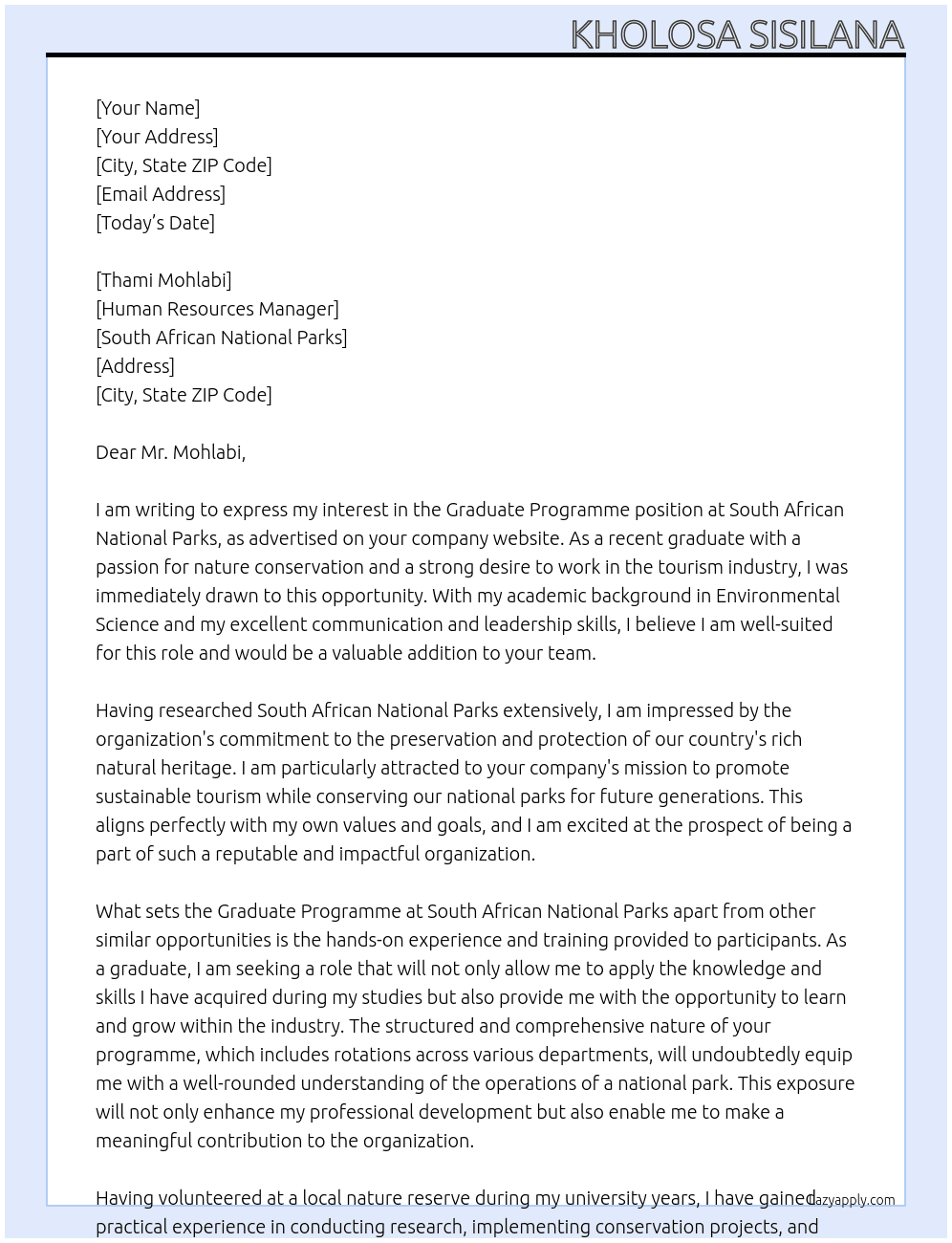 Graduate Programme At South African National parks Cover Letter