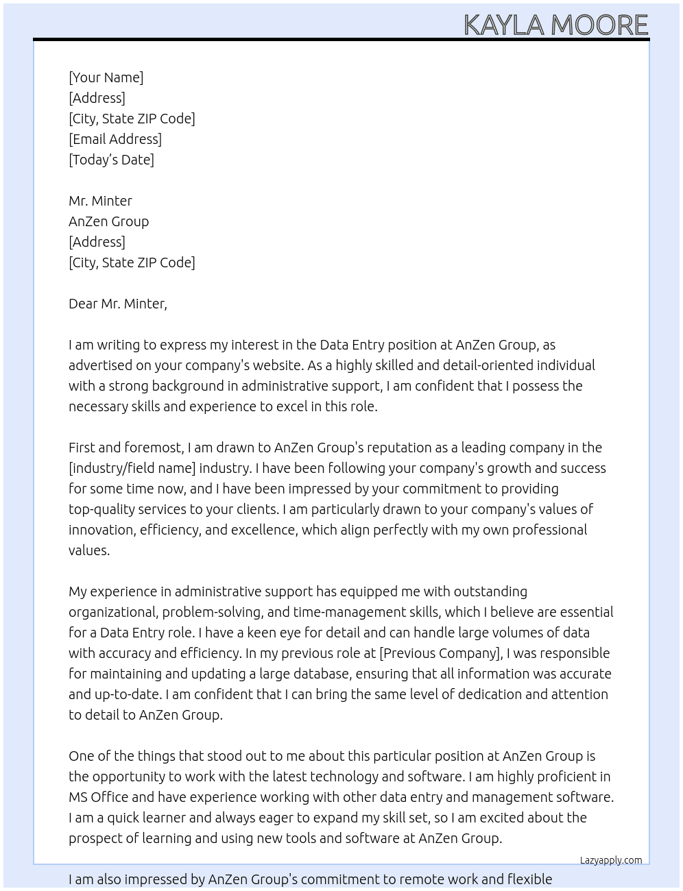 Data Entry At AnZen Group Cover Letter
