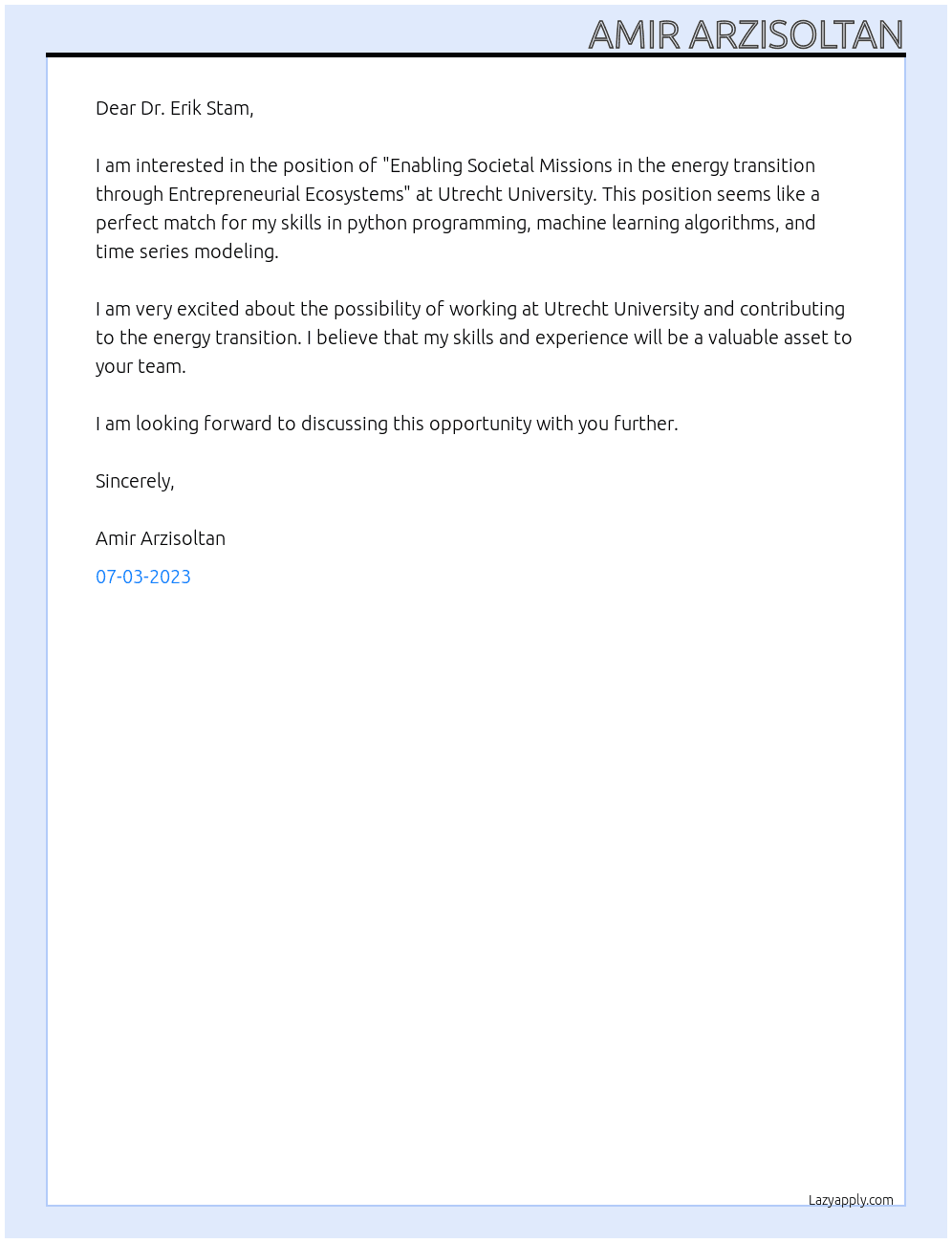 Enabling Societal Missions in the energy transition through Entrepreneurial Ecosystems At Utrecht University Cover Letter