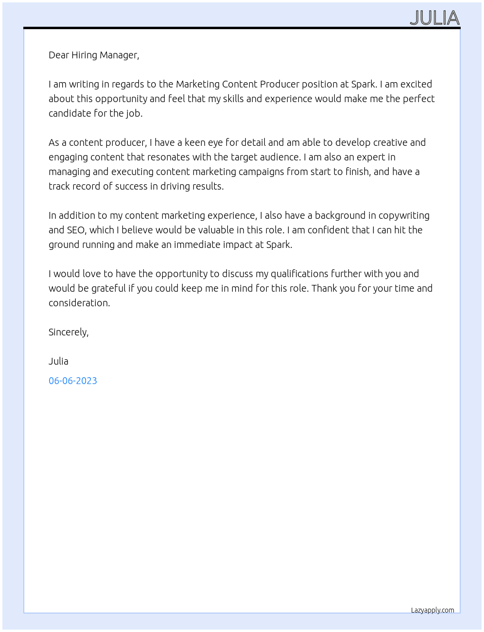 Marketing Content Producer At Spark Cover Letter