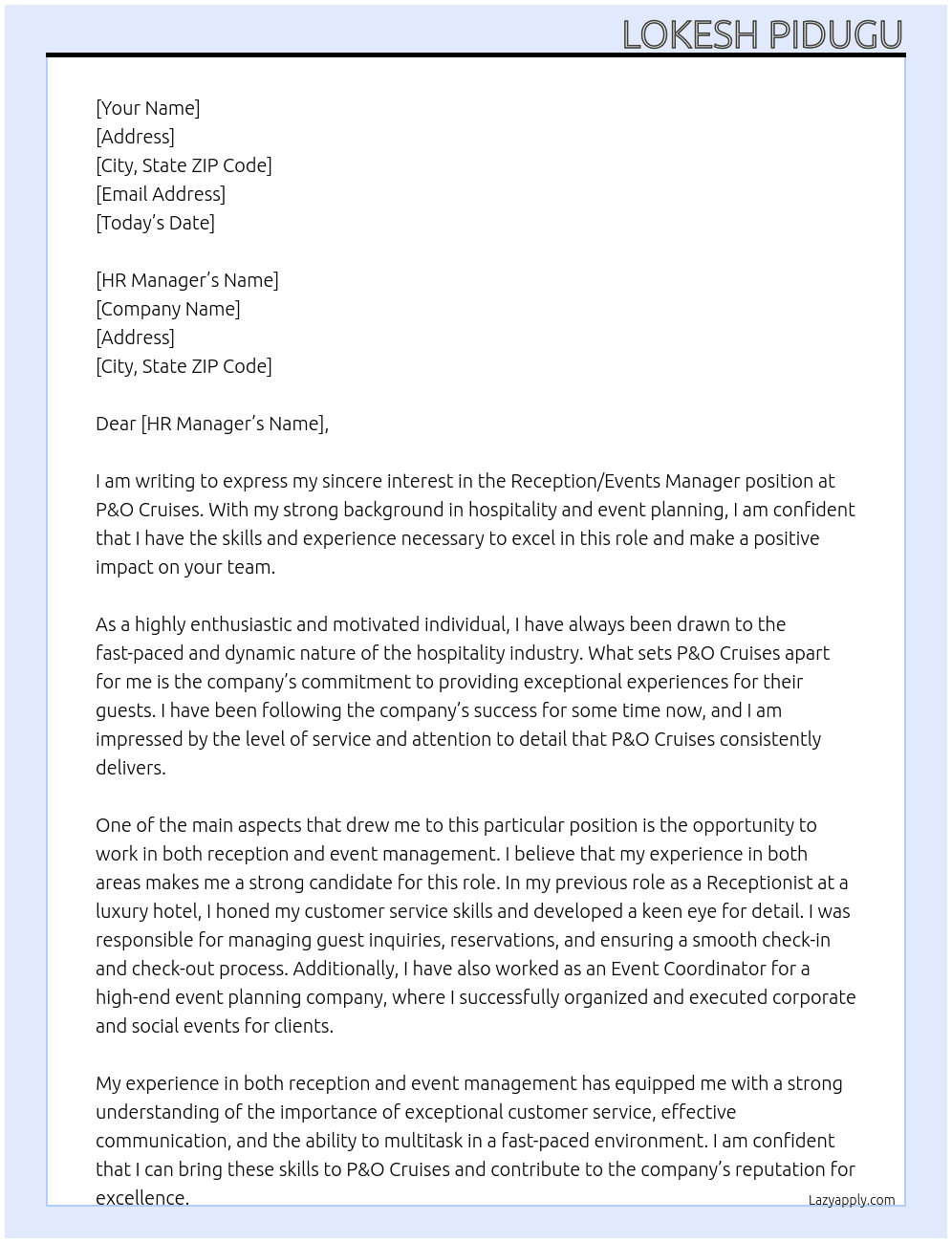 Reception / Events Manager At P&O Cruises Cover Letter