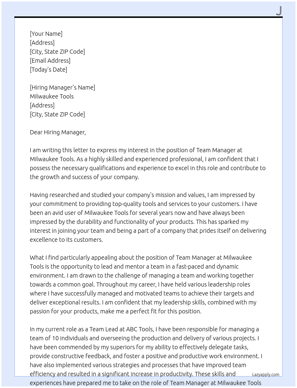 Team Manager At Milwaukee Tools Cover Letter
