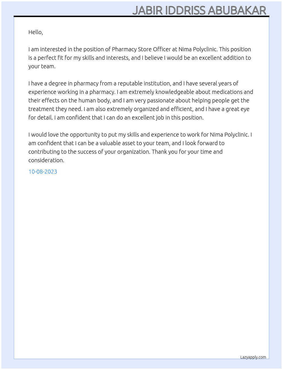 Pharmacy Store Officer  At Nima Polyclinic  Cover Letter