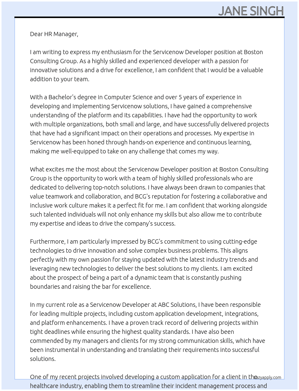 Servicenow Developer At Boston Consulting Group Cover Letter
