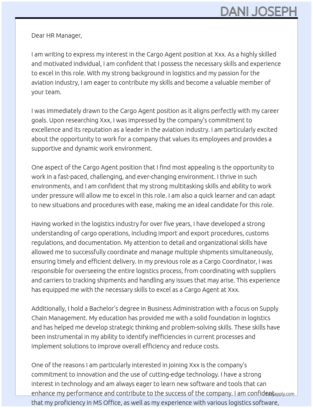 Cargo agent At Xxx Cover Letter