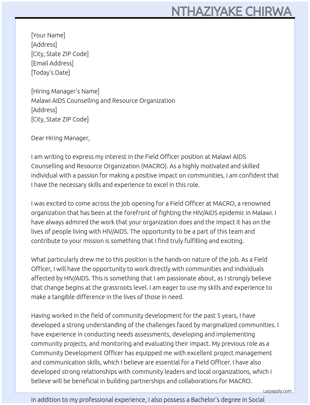 Field Officer At Malawi AIDS Counselling and Resource Organization  Cover Letter
