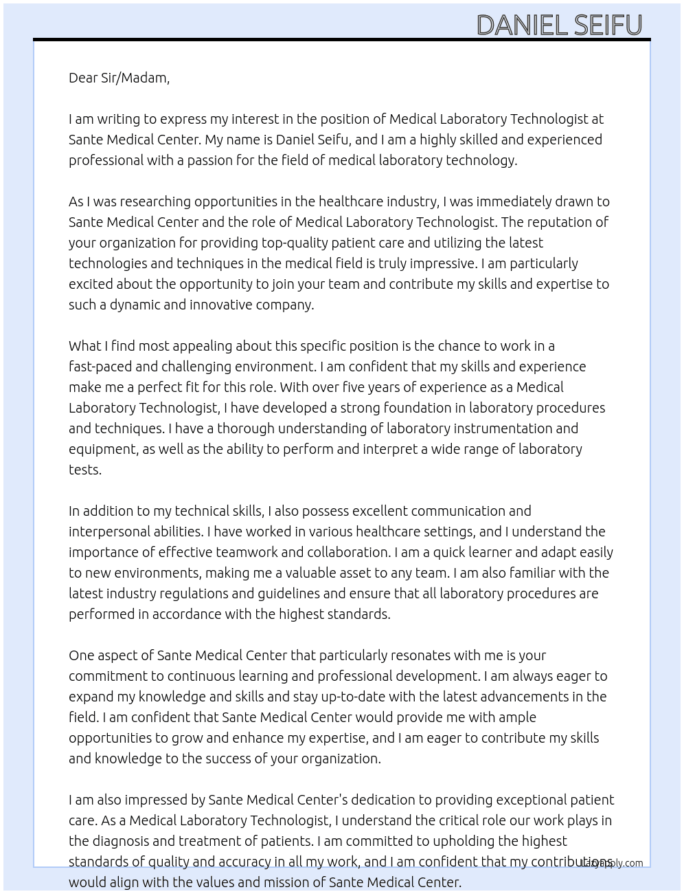 Medical Laboratory Technologist  At Sante Medical Center  Cover Letter
