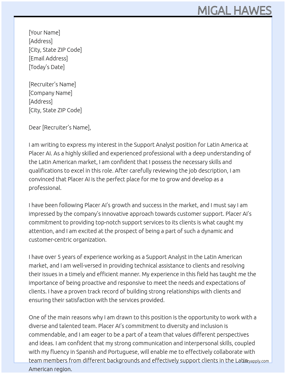 Support Analyst - Latin America At Placer AI Cover Letter
