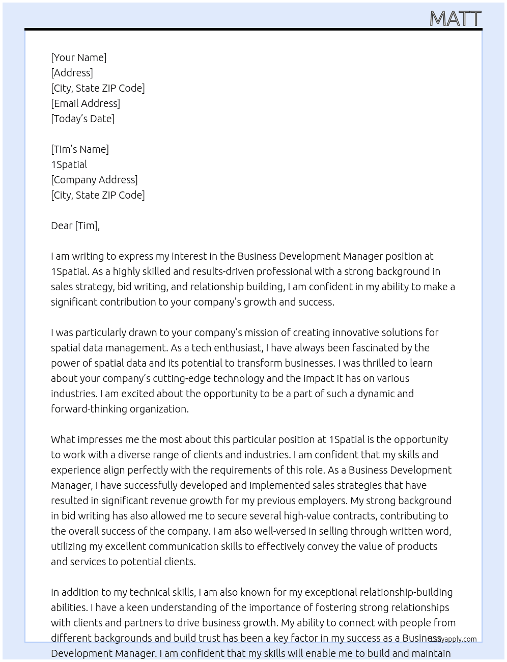 Business development manager  At 1Spatial  Cover Letter