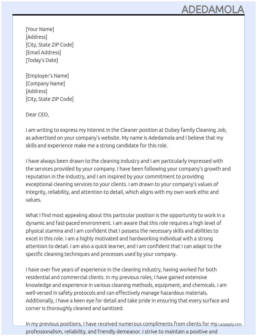 Cleaner At Dubey family Cleaning Job Cover Letter