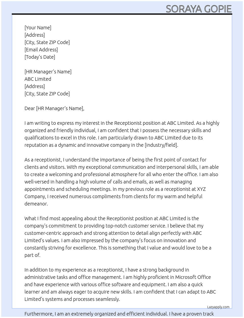 Receiptionist At ABC Limited Cover Letter