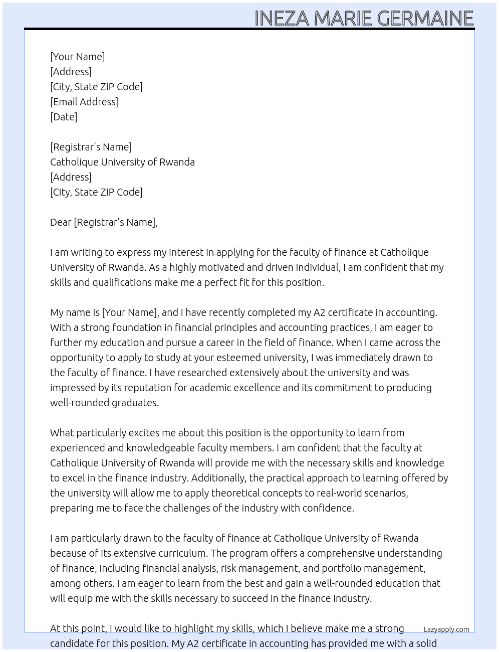 APPY TO STUDY in faculty of fanance At Catholique unversity of rwanda Cover Letter