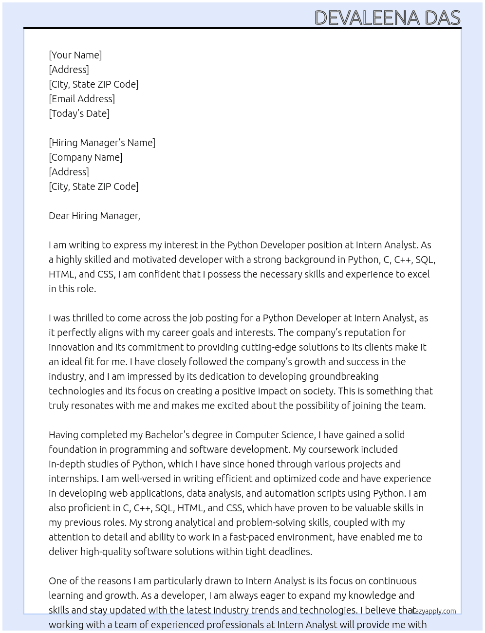 Python Developer At Intern Analyst Cover Letter