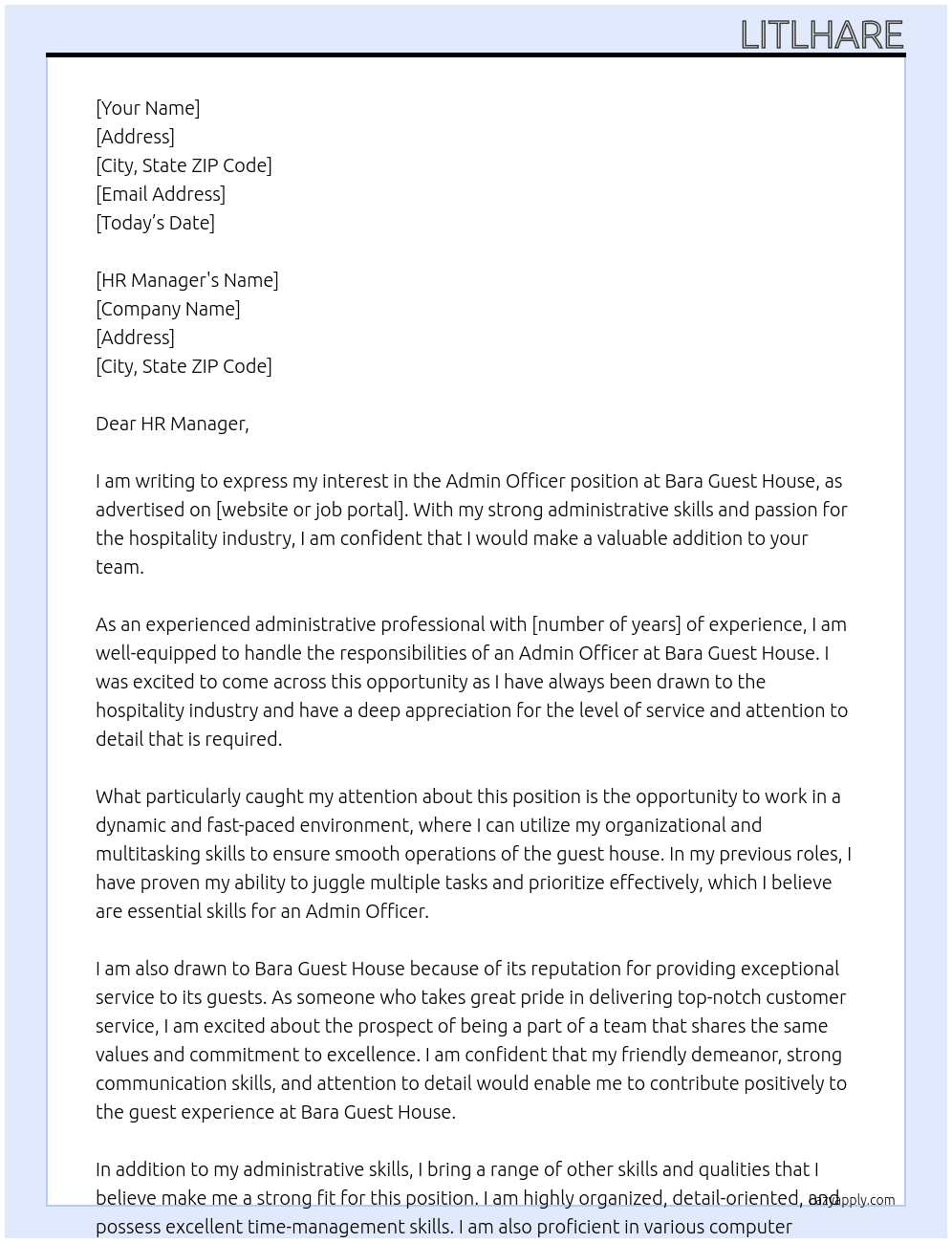 Admin officer At Bara guest house Cover Letter