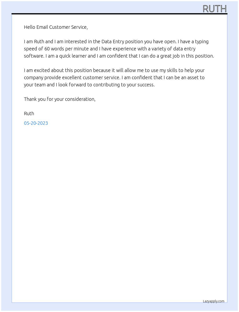 Data Entry At Email Customer Service Cover Letter