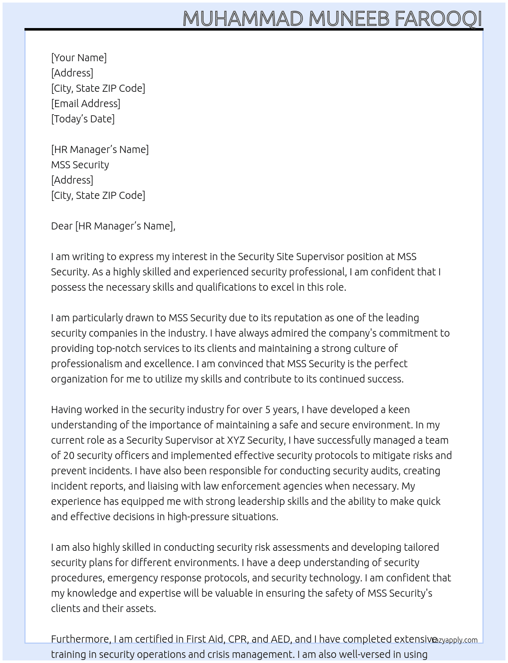 Security Site Supervisor  At MSS Security  Cover Letter