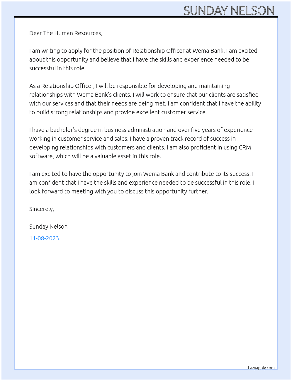 Relationship Officer  At Wema Bank  Cover Letter