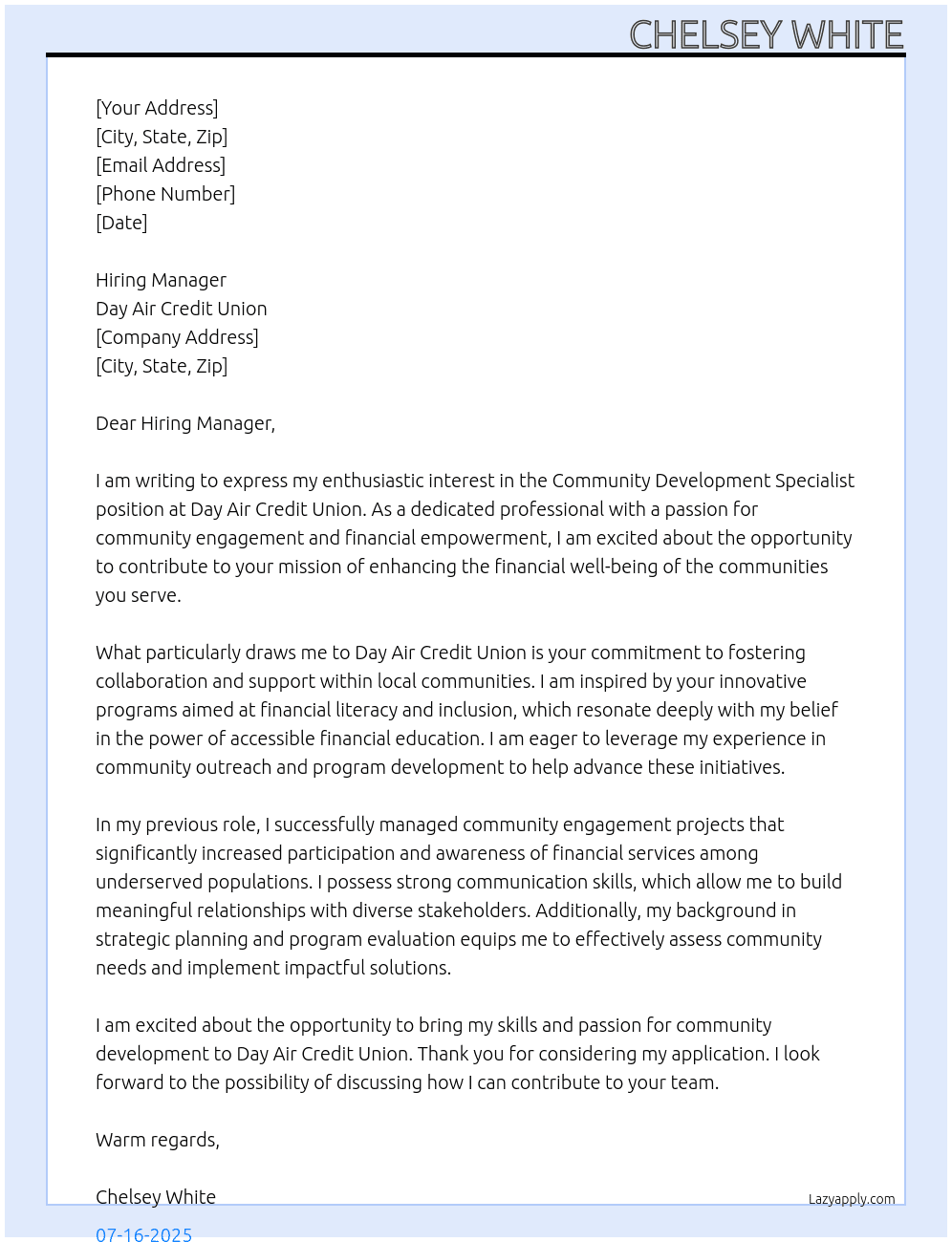 Community Development Specialist  At Day Air Credit Union Cover Letter