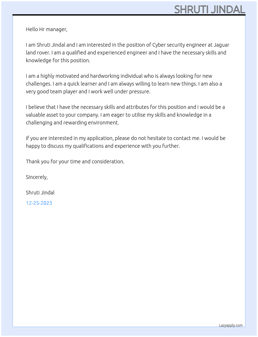 Cyber security engineer At Jaguar land rover Cover Letter