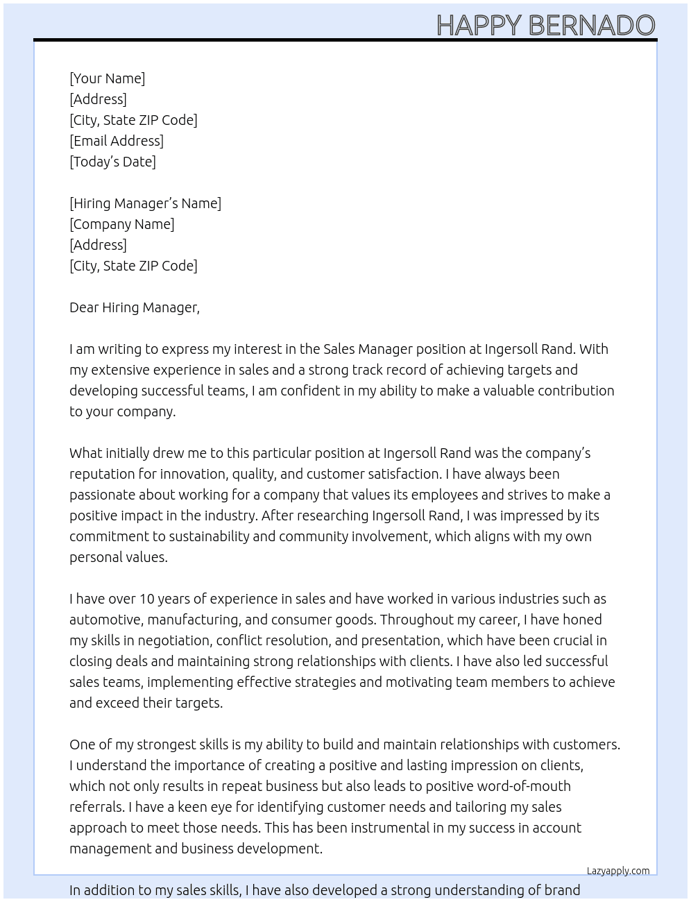 Sales Manager At Ingersoll Rand Cover Letter