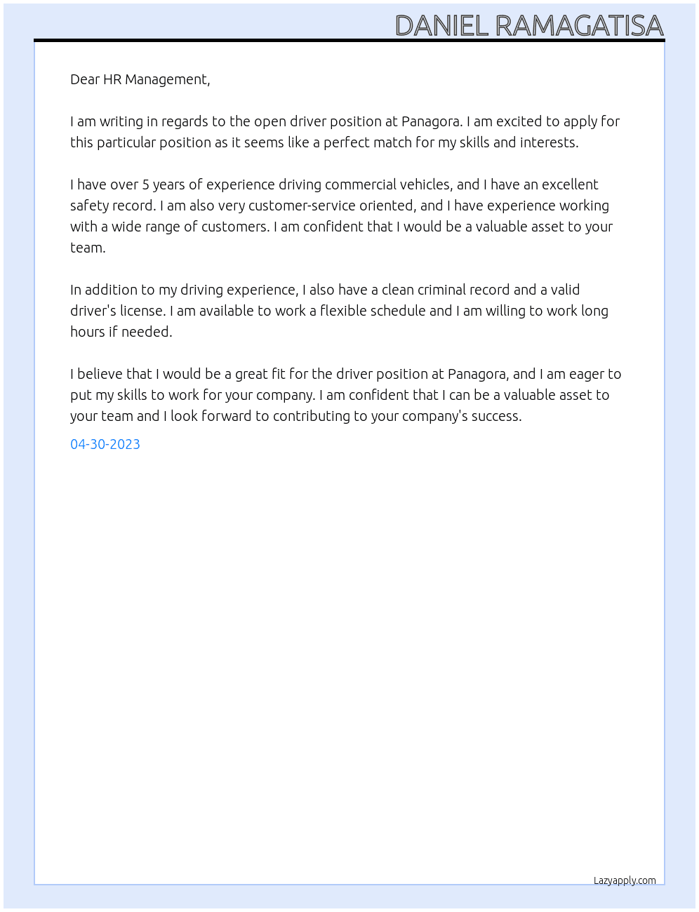 Driver At Panagora  Cover Letter
