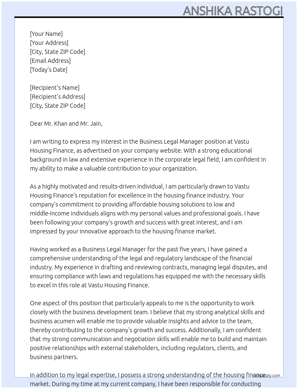Business legal manager At Vastu Housing Finance Cover Letter