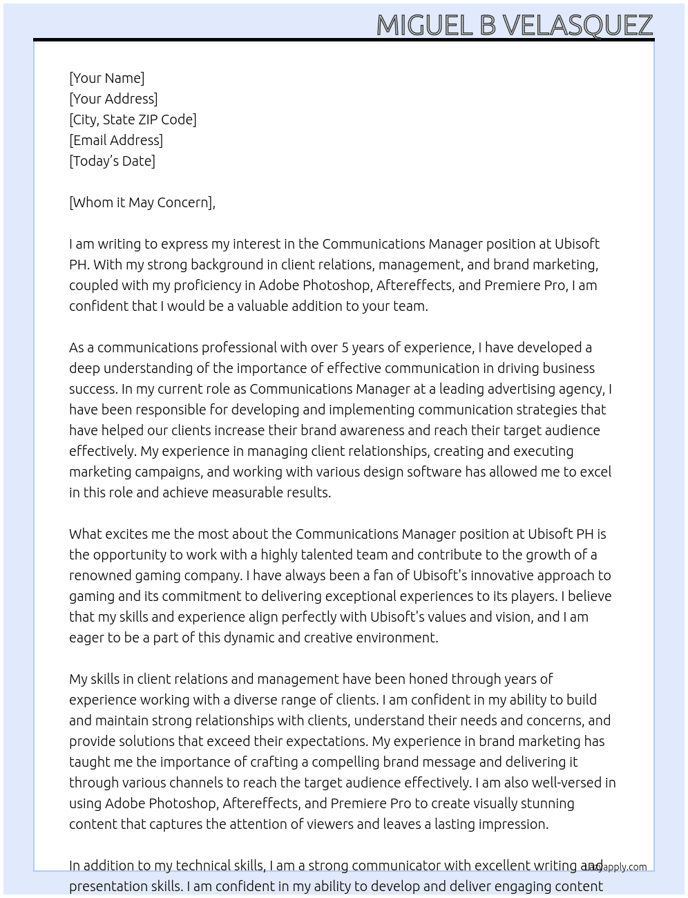 Communications Manager At Ubisoft PH Cover Letter