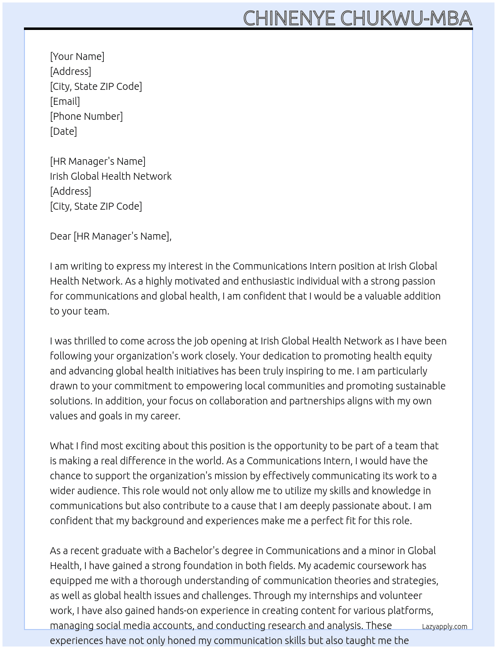 Communications Intern At Irish Global Health Network Cover Letter