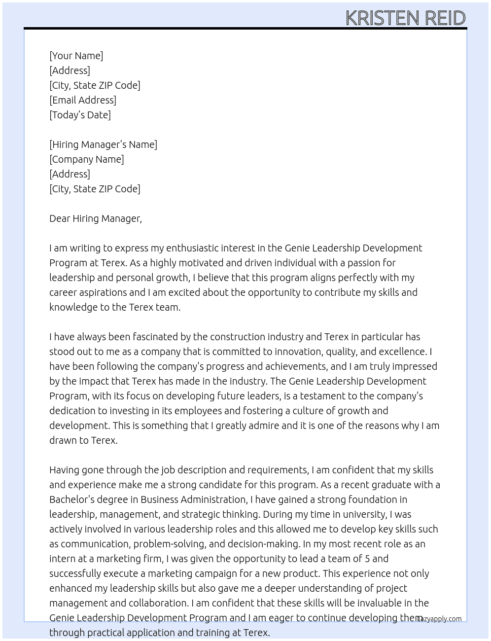 Genie Leadership Development Program  At Terex Cover Letter